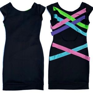 Dresses - Black Mini Dress Neon Crisscross Back Dresses - Black Mini Dress Neon Crisscross Back